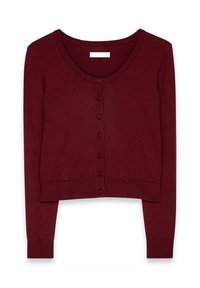 Bordeaux cropped cardigan met een ronde halslijn, knoopsluiting aan de voorkant en lange mouwen. Gemaakt van zacht, gestructureerd breiwerk.