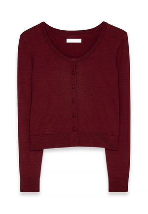Bordeaux cropped cardigan met een ronde halslijn, knoopsluiting aan de voorkant en lange mouwen. Gemaakt van zacht, gestructureerd breiwerk.