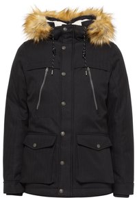 Czarna zimowa parka z kapturem wykończonym futerkiem, przednim zamkiem błyskawicznym i zatrzaskami, dwie zapinane na zamek kieszenie na piersi oraz dwie kieszenie na dłonie z patkami.