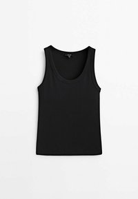 Débardeur noir sans manches, côtelé, avec encolure dégagée, posé à plat sur un fond blanc.