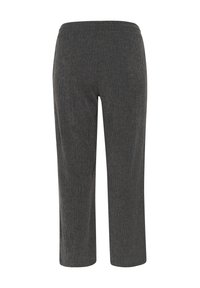 Gray cropped pants with a textured fabric, featuring an elastic waistband and straight leg design. No pockets or hardware visible.