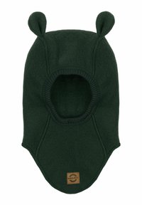 Grön fleece balaklava med rundade öronaccenter och ribbad halsöppning. Har ett logopatch på den nedre frontdelen.