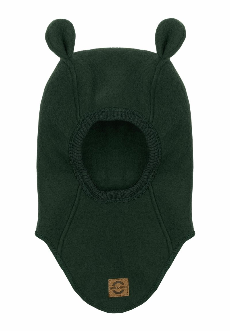 Grön fleece balaklava med rundade öronaccenter och ribbad halsöppning. Har ett logopatch på den nedre frontdelen.