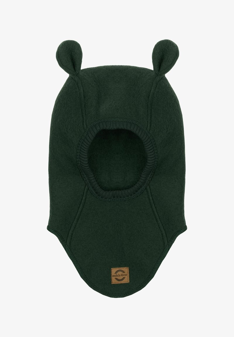 Green fleece balaclava hat with rounded ear accents and ribbed neck opening. Features a logo patch on the front lower section.