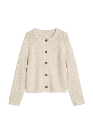 Kremowy sweter na drutach z długimi rękawami i pięcioma ciemnymi guzikami z przodu, z okrągłym dekoltem i fakturowaną tkaniną.