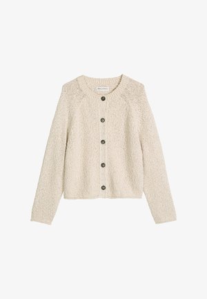 Roomkleurig gebreid vest met lange mouwen en vijf donkere knopen aan de voorkant, voorzien van een ronde halslijn en een gestructureerde stof.