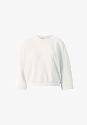 White cropped sweatshirt with a round neckline, dropped shoulders, and long sleeves. Made from soft, smooth fabric with a relaxed fit.