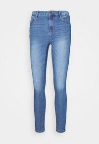 Jeans skinny em denim azul claro, com fecho de correr, design de cinco bolsos e desbotamento subtil nas coxas e joelhos.