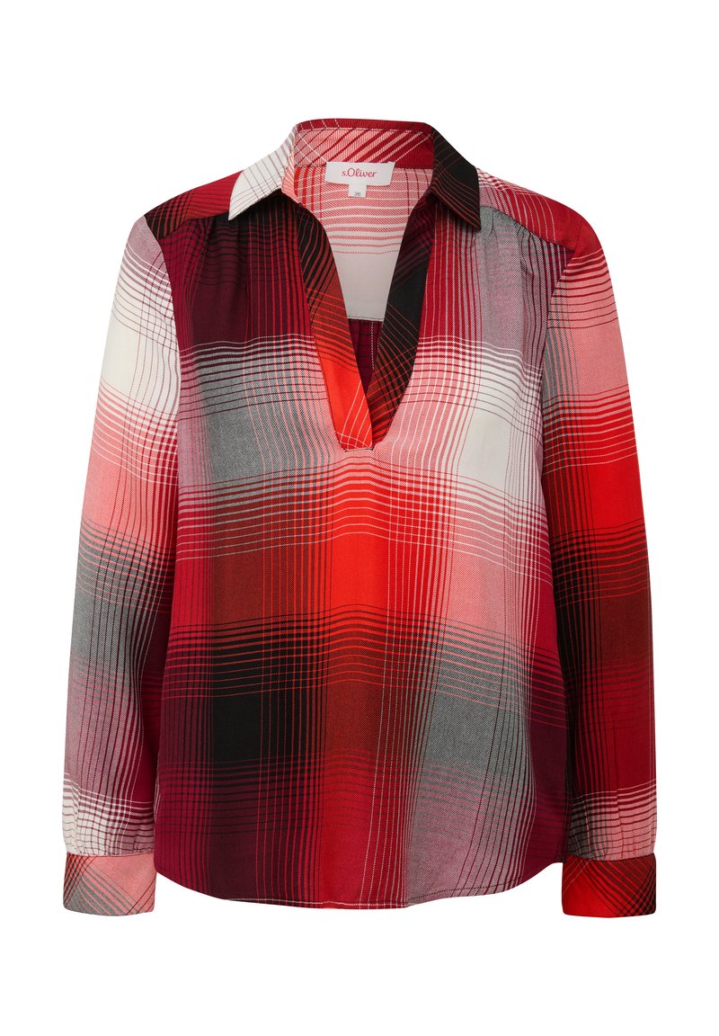 Blusa a maniche lunghe a quadri rossi e neri con vestibilità rilassata, scollo a V e colletto a contrasto. Realizzata in tessuto leggero e semitrasparente.