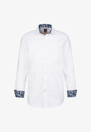 Camicia bianca a maniche lunghe con taschino frontale, dettagli a motivo blu sul colletto e sui polsini, dotata di chiusura con bottoni e texture liscia.