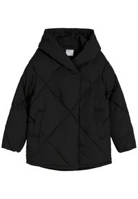 Czarna puchowa kurtka z ukośnym pikowanym wzorem, dużym kapturem i dwiema bocznymi kieszeniami. Wykonana z lekkiego, gładkiego materiału.