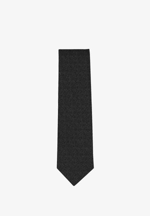 Cravate noire avec un petit motif pied-de-poule, présentant une pointe effilée et une forme droite classique.