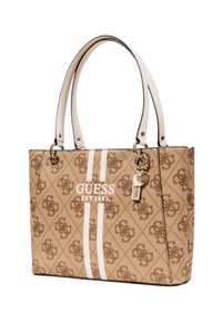 Tote bag with a monogrammed beige canvas, white stripes, gold accents, and double handles. Features brand logo and key charm.