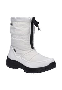 Hvide vandtætte støvler med et kviltet design, sort lynlås og fleksibel gummisål. Har en snøret ankel og teksturerede detaljer.