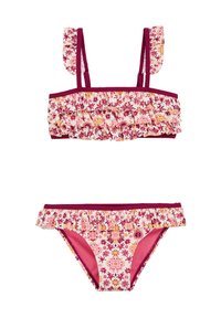 Virágmintás bikini szett, fodros bandeau felsővel, állítható pántokkal és hozzá illő alsó résszel, rózsaszín árnyalatokban, bordó kiegészítőkkel.