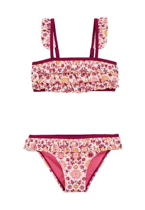 Floral Bikini-Set mit einem gestuften Bandeau-Oberteil mit verstellbaren Trägern und passendem Höschen, in Rosatönen mit maroonfarbenen Akzenten.