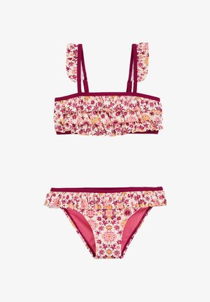 Floral Bikini-Set mit einem gestuften Bandeau-Oberteil mit verstellbaren Trägern und passendem Höschen, in Rosatönen mit maroonfarbenen Akzenten.