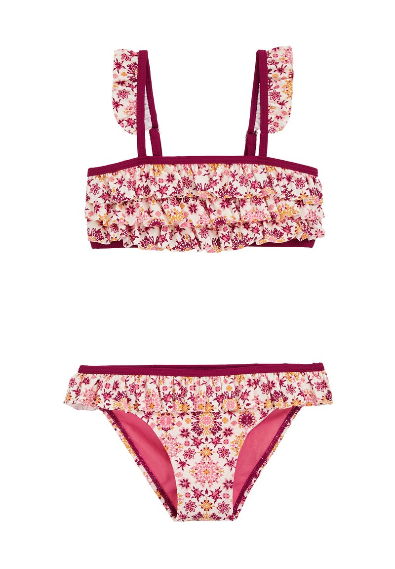 Virágmintás bikini szett, fodros bandeau felsővel, állítható pántokkal és hozzá illő alsó résszel, rózsaszín árnyalatokban, bordó kiegészítőkkel.
