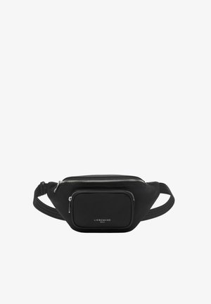 Black fanny pack with a smooth texture, featuring a front zip pocket, silver zippers, and a logo accent. Adjustable woven strap included.