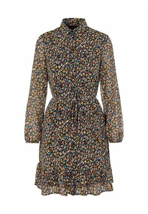 Robe courte fleurie avec manches longues, col boutonné, taille cintrée et ourlet volanté. Fabriquée en tissu léger et transparent avec des motifs multicolores.