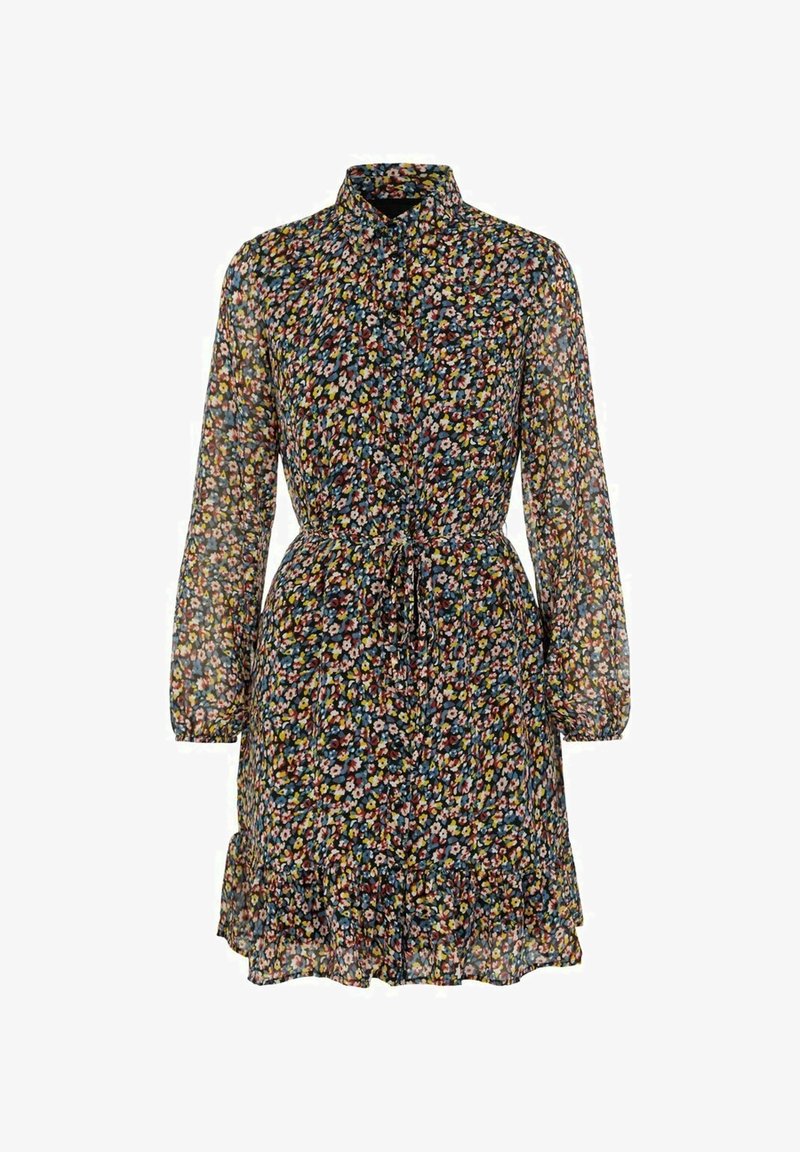 Robe courte fleurie avec manches longues, col boutonné, taille cintrée et ourlet volanté. Fabriquée en tissu léger et transparent avec des motifs multicolores.