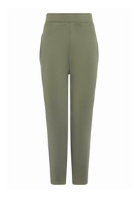 Pantaloni jogger verde oliva con una forma aderente, vita elastica e tasche laterali; realizzati in un tessuto elasticizzato e liscio con cuciture piatte.