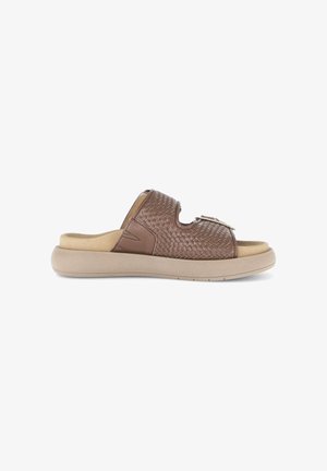 Brown woven leather slip-on sandal with cushioned beige sole and adjustable buckle strap on white background.