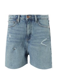 Jasnoniebieskie szorty dżinsowe z przetarciami, z wysokim stanem, postrzępionym dołem i wyszytymi kieszeniami.