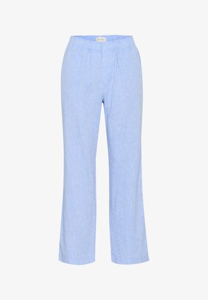 Pantaloni ampi di colore azzurro chiaro realizzati in tessuto strutturato. Presentano una cintura elastica con pieghe frontali per un tocco di dettaglio.