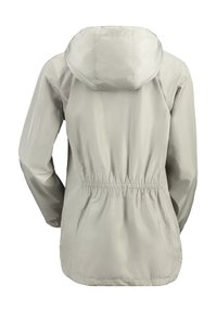 Šviesiai pilkas, su gobtuvu vėjo apsiaustas, su elastinga juosta juosmenyje, ilgomis rankovėmis ir lygiu, lengvu audiniu. Atidarytas vaizdas iš nugaros, be kišenių.