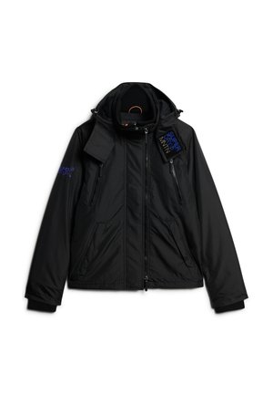 Black jacket with a hood, featuring a zip closure, two prominent pockets, textured fabric, and embroidered branding on the left arm and collar.
