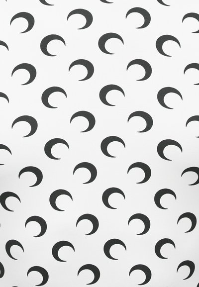 White fabric with a repeating pattern of evenly spaced black crescent moons facing right.