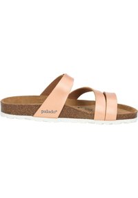 Infradito in pelle rosa con due larghe cinghie, una soletta in sughero e una suola in gomma bianca. Presenta il nome del marchio "palado" sul lato.