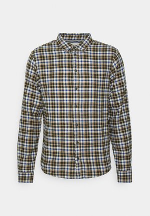 Overhemd met knoopsluiting in een geruit patroon van blauw, zwart en bruin. Gemaakt van zachte stof met een kraag en lange mouwen.