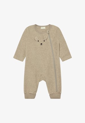 Beiger Fleece-Overall mit langen Ärmeln, Reißverschluss und Bärenmotiv-Stickerei. Bündchen an den Knöcheln und weiche Textur für Komfort.