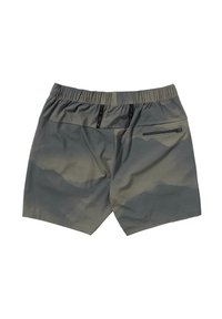 Graue Tarnshorts aus leichtem Material, mit einem elastischen Bund, einer Gesäßtasche mit Reißverschluss und einer lässigen Passform.
