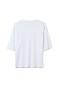 T-shirt bianco a maniche corte con scollo rotondo, texture liscia e vestibilità morbida. Nessun motivo o accento visibile.