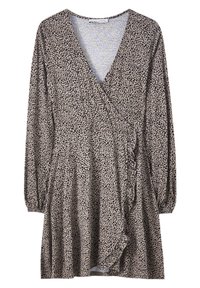 Hnědé zavinovací šaty s černými skvrnami, hluboký V-výstřih, dlouhé rukávy, volány na přední části, měkká látka s mírně strukturovaným povrchem.