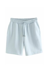 Pantalones cortos de color azul claro, confeccionados en una tela suave, con cintura elástica y cordón ajustable, bolsillos laterales y un corte relajado.