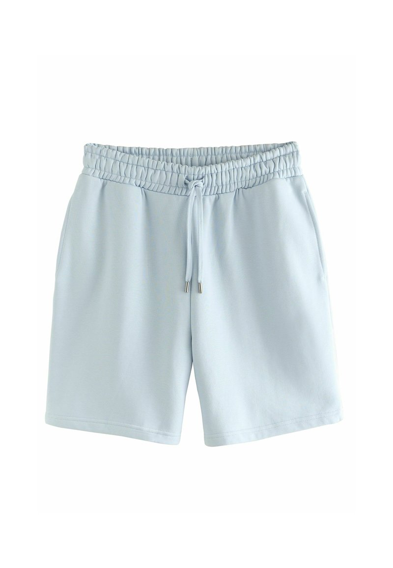 Pantalones cortos de color azul claro, confeccionados en una tela suave, con cintura elástica y cordón ajustable, bolsillos laterales y un corte relajado.