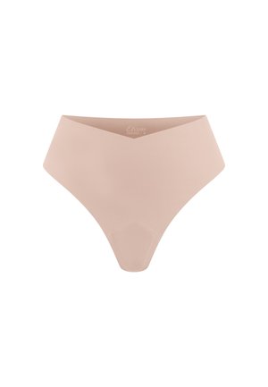 Naadloze, huidkleurige high-waist string met een gladde, rekbare stof en V-vormig voorpand.