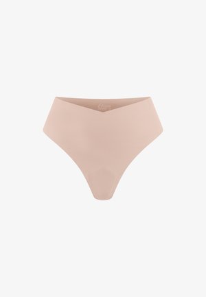 Nahtloser, hautfarbener High-Waist-String aus glattem, elastischem Stoff mit V-förmigem Vorderschnitt.