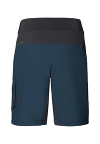 Shorts de sport bleu foncé et noir avec une large ceinture élastique et une poche latérale sur la jambe gauche.