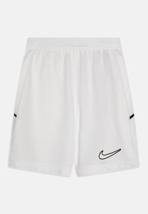 Weiße Sportshorts aus leichtem Material mit einem elastischen Bund, ausgestattet mit schwarzen Seitenelementen und einem schwarzen Nike-Logo.