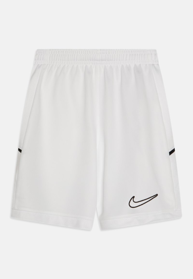 Hvite sportslige shorts laget av lett materiale med elastisk midje, med svarte sideakser og en svart Nike-logo.