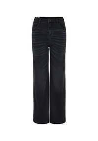 Black wide-leg jeans made of denim; features a front zipper and button closure, two front pockets, and subtle fading on the fabric.