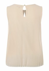 Blusa sin mangas beige con escote redondo, corte en forma de llave en la espalda y un pequeño botón de cierre en la parte superior.