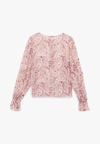 Lichtroze blouse met paisleypatroon, lange mouwen met gathered cuffs, ronde halslijn, gemaakt van een zachte, gestructureerde stof.