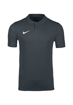 Donkergrijs poloshirt met korte mouwen, twee knopen en een wit Nike Swoosh-logo op de rechterborst.