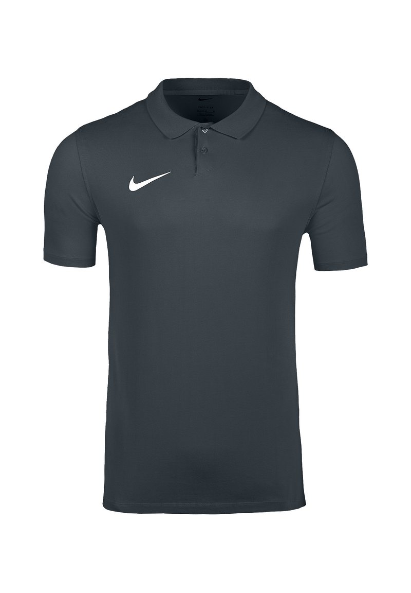 Dark grey short-sleeve polo shirt with two buttons and white Nike swoosh logo on the right chest.